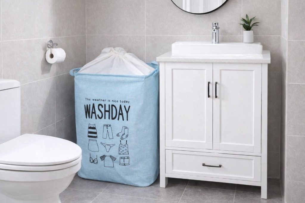 Sklopiva plava korpa za veš sa natpisom Washday u malom kupatilu pored ormarića i WC šolje