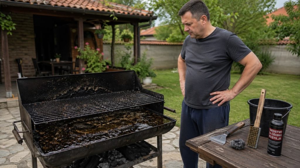 Muškarac stoji pored prljavog roštilja sa nakupljenom masnoćom u dvorištu, dok su na stolu pored njega četka, strugač i sredstvo za čišćenje roštilja