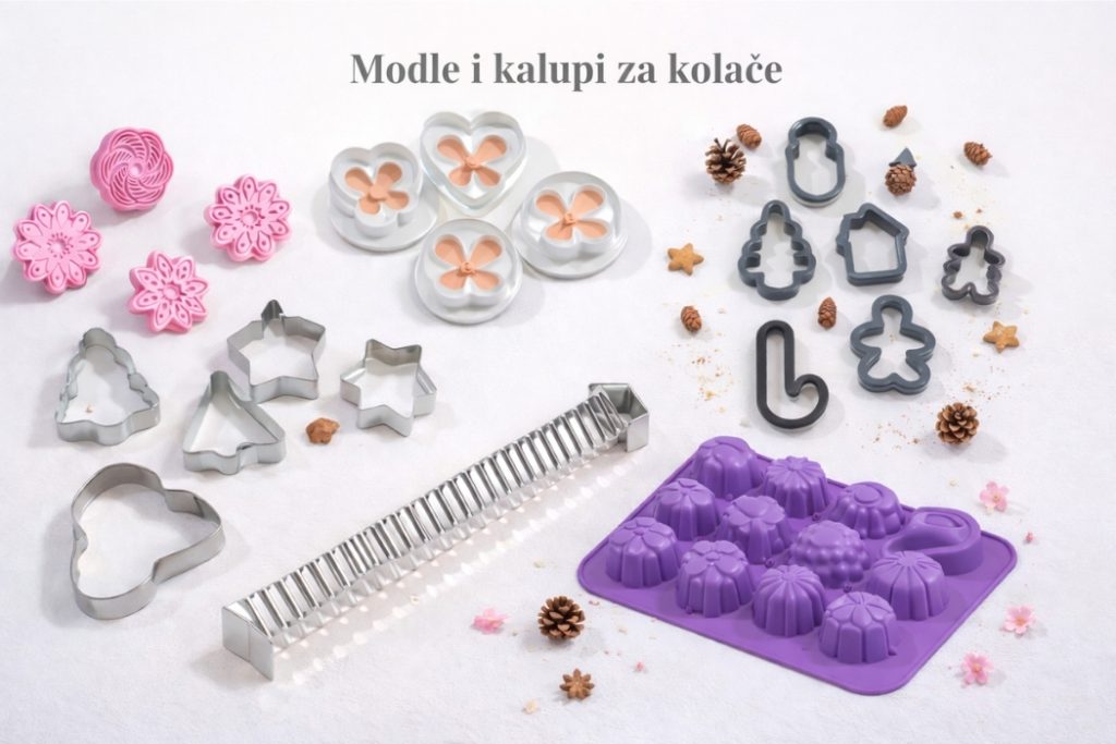 Modle i kalupi za kolače prikazani u katalog stilu na svetloj pozadini, uključujući plastične pečate, metalne modle različitih oblika, silikonski kalup i specijalnu modlu za toblerone
