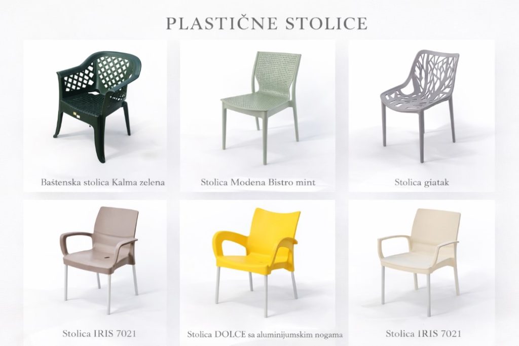 Katalog plastičnih stolica prikazan u minimalističkom stilu na svetloj pozadini, sa šest različitih modela raspoređenih u dve linije, uključujući zelenu baštensku stolicu Kalma, mint Modena Bistro, sivu dekorativnu stolicu, IRIS model i žutu DOLCE stolicu sa aluminijumskim nogama