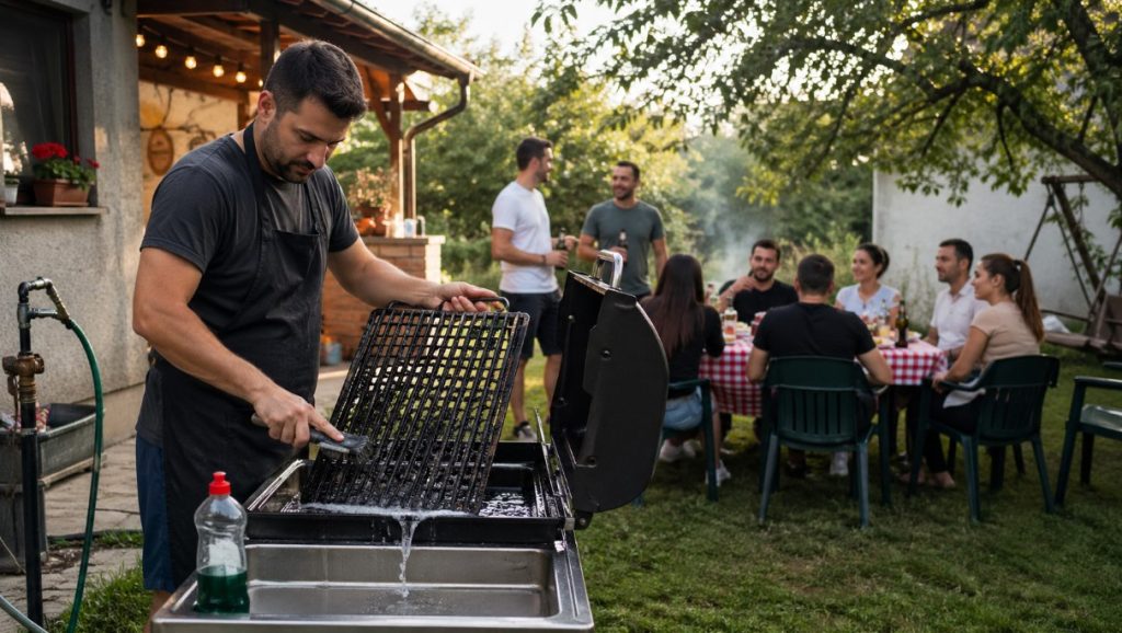 Postupak kako očistiti roštilj od zagorele masnoće. Muškarac pere rešetku roštilja u dvorištu dok u pozadini grupa ljudi sedi za stolom i uživa u druženju