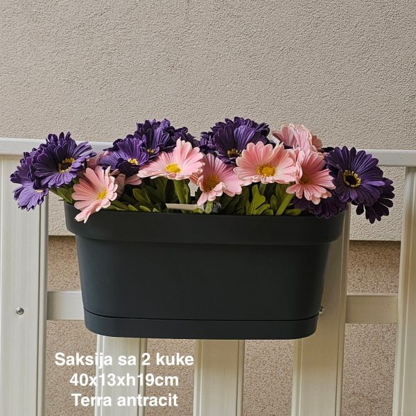 Saksija sa 2 kuke 40×13×H19 cm , Saksija za balkon , Saksija sa kukama za gelender, Plastična saksija za balkon