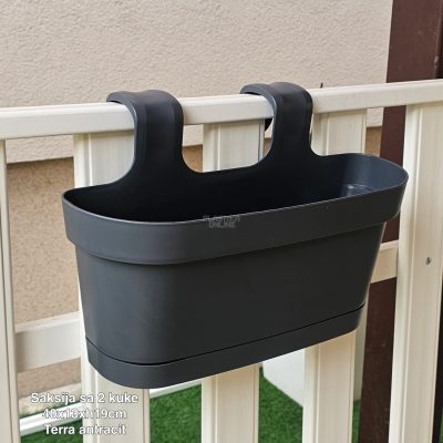 Saksija sa 2 kuke 40×13×H19 cm , Saksija za balkon , Saksija sa kukama za gelender, Plastična saksija za balkon