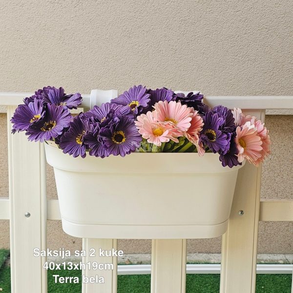 Saksija sa 2 kuke 40×13×H19 cm , Saksija za balkon , Saksija sa kukama za gelender, Plastična saksija za balkon