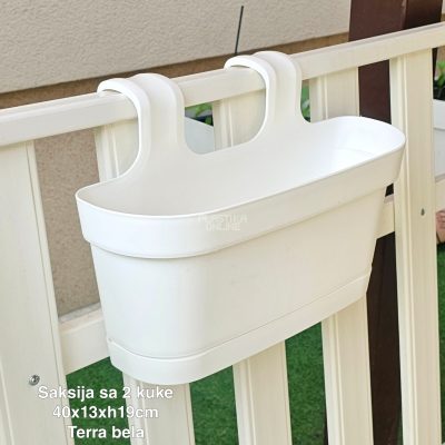 Saksija sa 2 kuke 40×13×H19 cm , Saksija za balkon , Saksija sa kukama za gelender, Plastična saksija za balkon