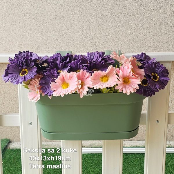 Saksija sa 2 kuke 40×13×H19 cm , Saksija za balkon , Saksija sa kukama za gelender, Plastična saksija za balkon