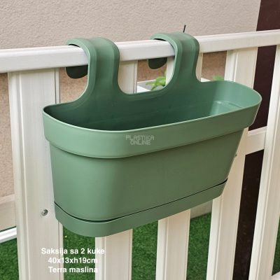 Saksija sa 2 kuke 40×13×H19 cm , Saksija za balkon , Saksija sa kukama za gelender, Plastična saksija za balkon