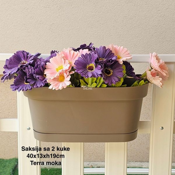 Saksija sa 2 kuke 40×13×H19 cm , Saksija za balkon , Saksija sa kukama za gelender, Plastična saksija za balkon