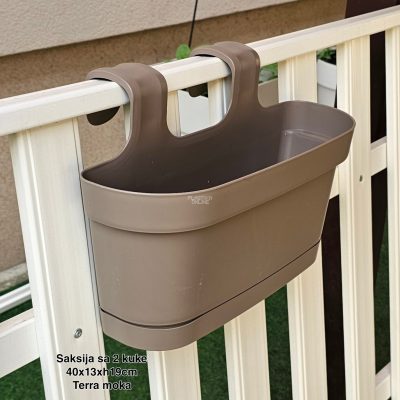 Saksija sa 2 kuke 40×13×H19 cm , Saksija za balkon , Saksija sa kukama za gelender, Plastična saksija za balkon