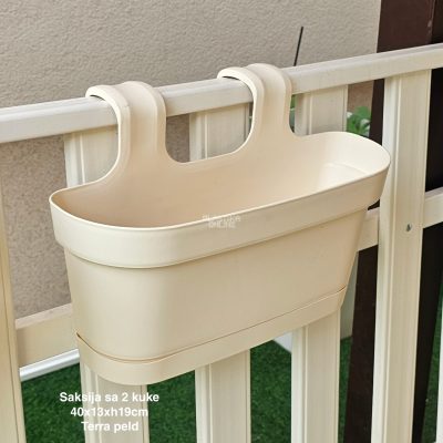 Saksija sa 2 kuke 40×13×H19 cm , Saksija za balkon , Saksija sa kukama za gelender, Plastična saksija za balkon