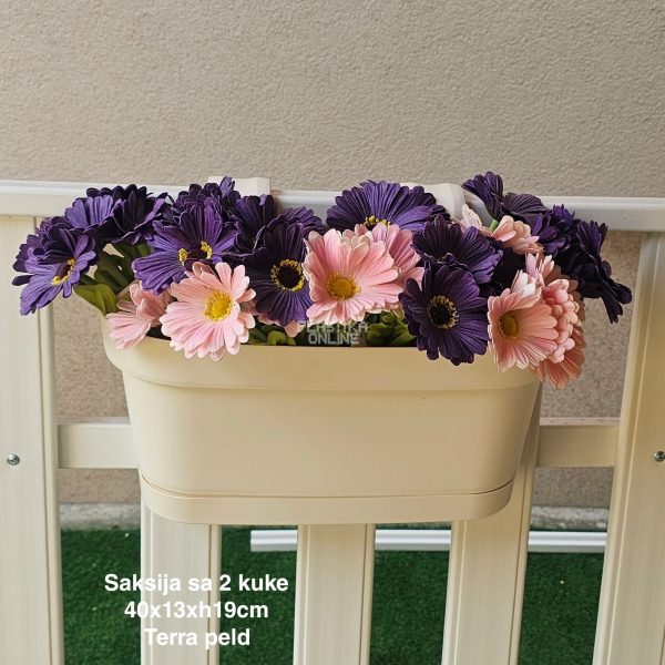 Saksija sa 2 kuke 40×13×H19 cm , Saksija za balkon , Saksija sa kukama za gelender, Plastična saksija za balkon