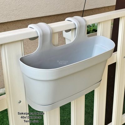 Saksija sa 2 kuke 40×13×H19 cm , Saksija za balkon , Saksija sa kukama za gelender, Plastična saksija za balkon