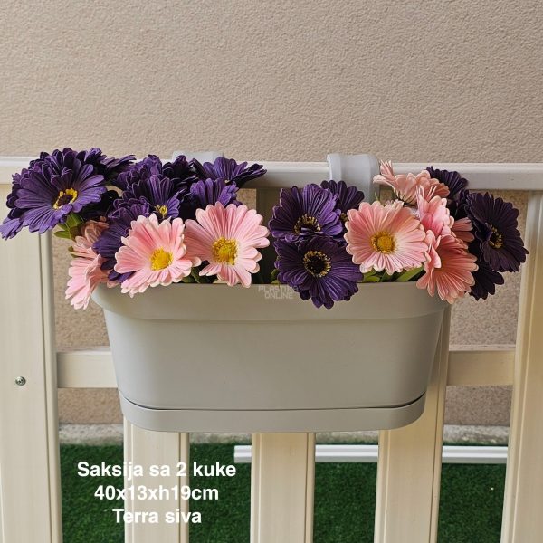 Saksija sa 2 kuke 40×13×H19 cm , Saksija za balkon , Saksija sa kukama za gelender, Plastična saksija za balkon