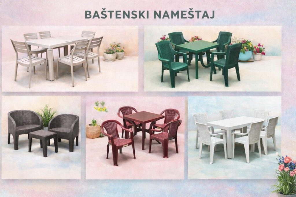 Katalog prikaz baštenskog nameštaja sa više stilova baštenskih garnitura i baštenskih setova na pastelnoj pozadini