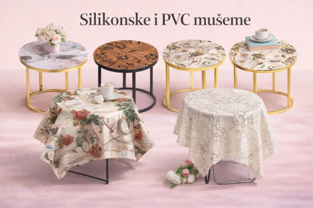 Katalog prikaz silikonskih i PVC mušema sa različitim dezenima na stolovima, pastelna pozadina