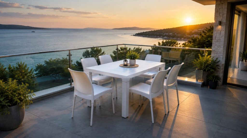 Moderan beli baštenski set sa šest stolica na terasi kuće sa pogledom na more tokom zalaska sunca