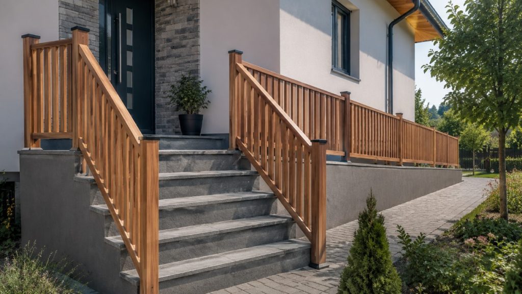 Spoljne stepenice moderne kuće sa PVC ogradom u imitaciji drveta postavljenom uz ivicu stepeništa i bočni prilaz