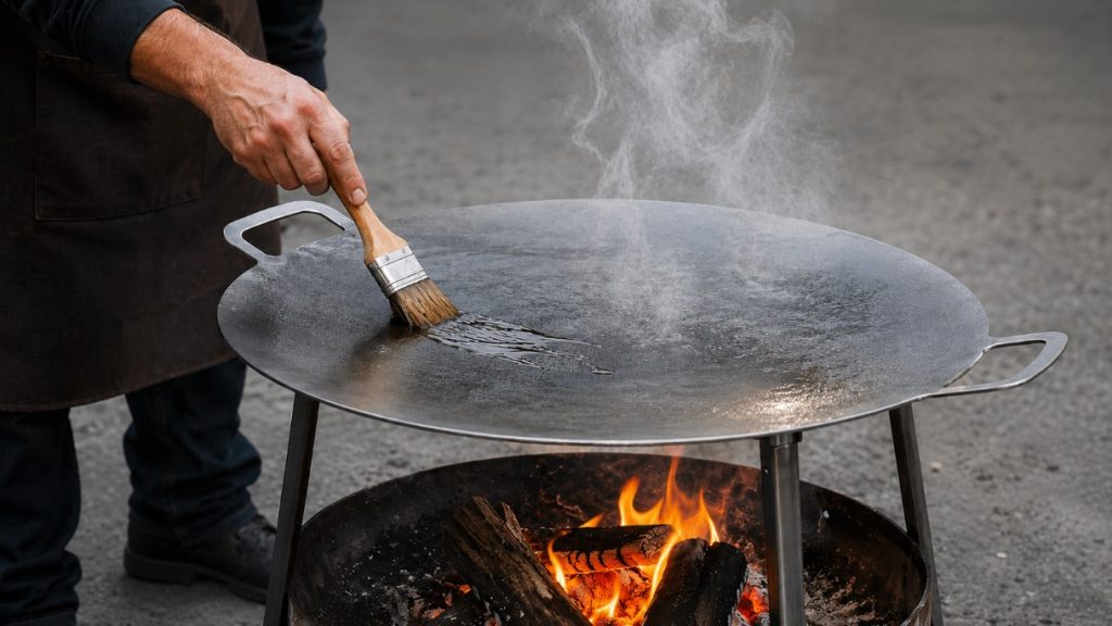 Osoba četkicom nanosi tanak sloj ulja na zagrejanu inox talandaru pre pečenja hrane