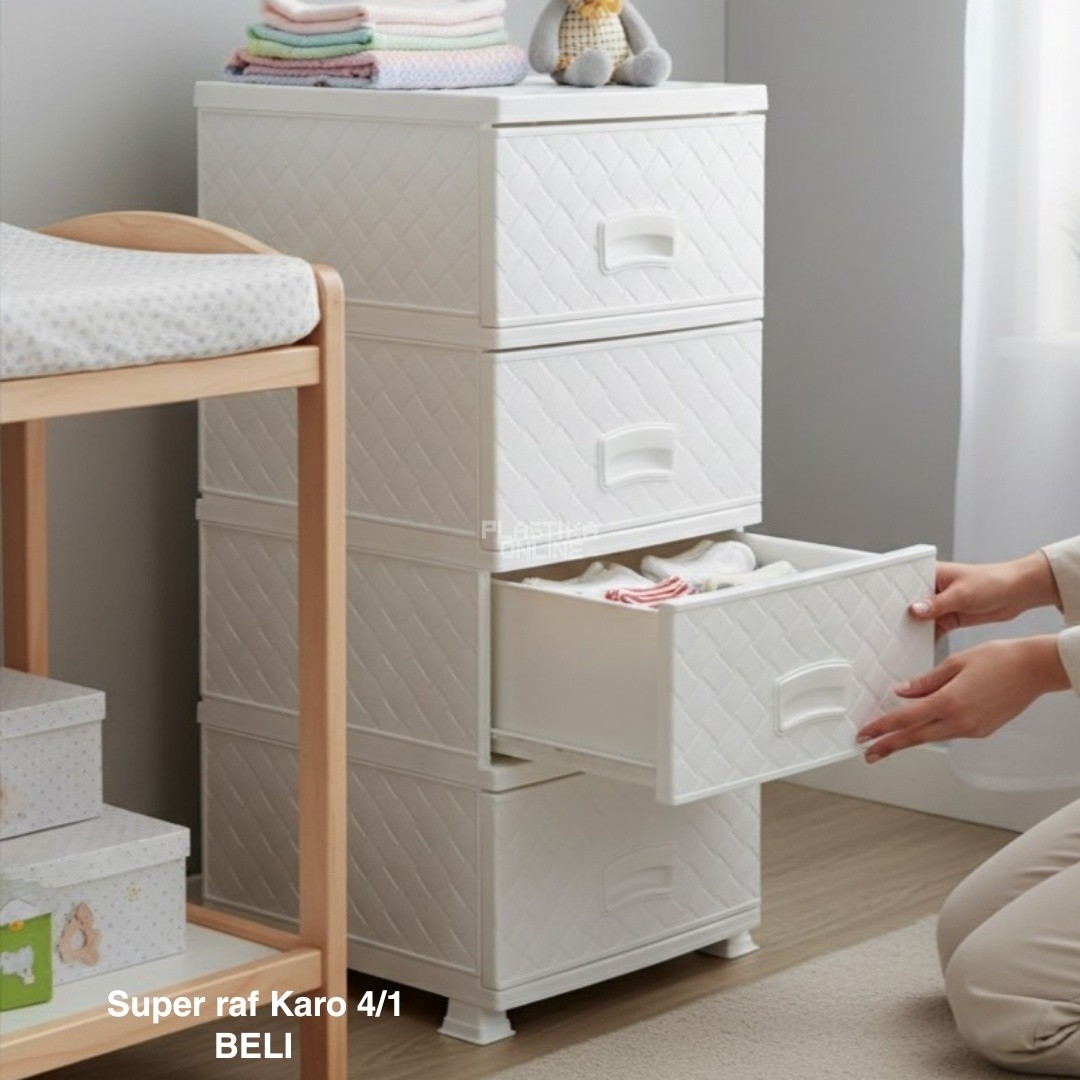 Fiokar Super raf karo 4, Plastični fiokar, Fiokar sa 4 fioke, Moderan fiokar, Organizer sa fiokama, Plastična komoda, Super raf beli