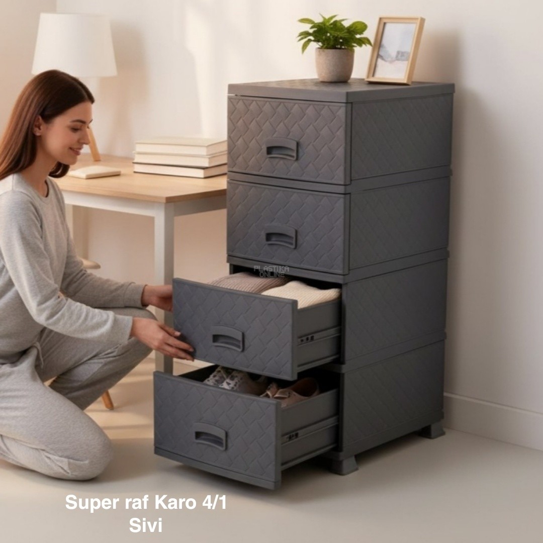 Fiokar Super raf karo 4, Plastični fiokar, Fiokar sa 4 fioke, Moderan fiokar, Organizer sa fiokama, Plastična komoda, Super raf sivi