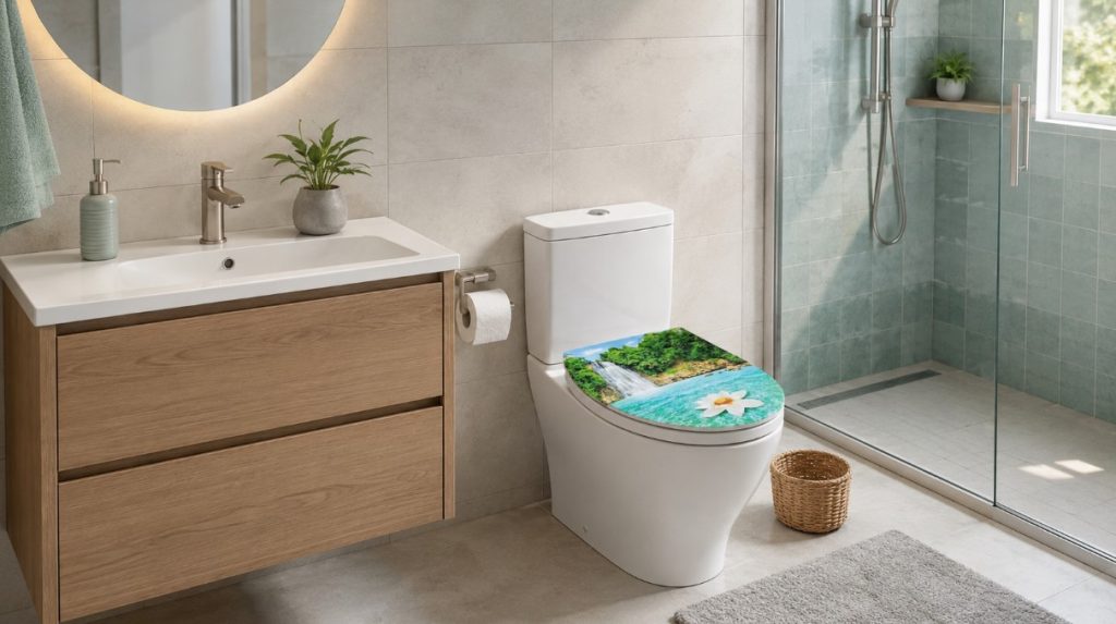 Daska za WC šolju 44×36 cm dezen Vodopad postavljena na standardnu WC šolju u svetlom modernom kupatilu.