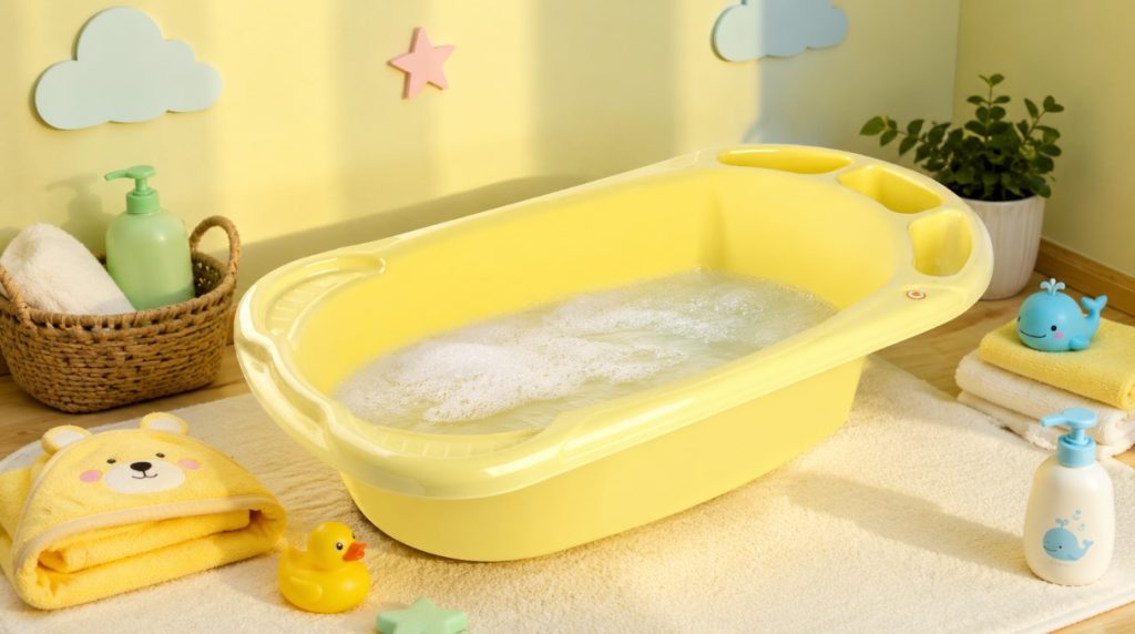 Žuta kadica za bebu od 90 cm pripremljena za kupanje, napunjena vodom sa blagom penom, okružena peškirima, gumenom patkicom i bebi kozmetikom u nežno uređenoj dečjoj sobi