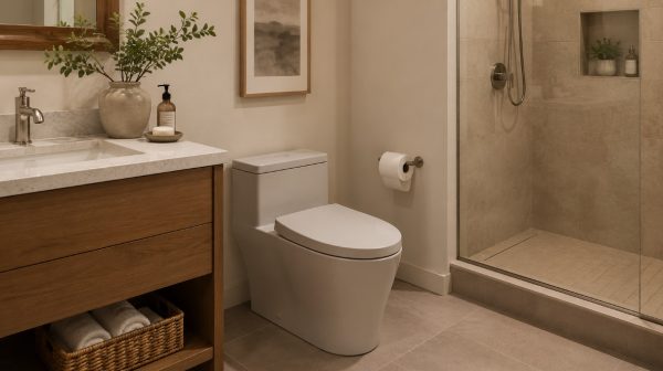 Moderna daska za WC šolju stilski uklopljena u uređeno kupatilo sa neutralnim pločicama i drvenim detaljima.