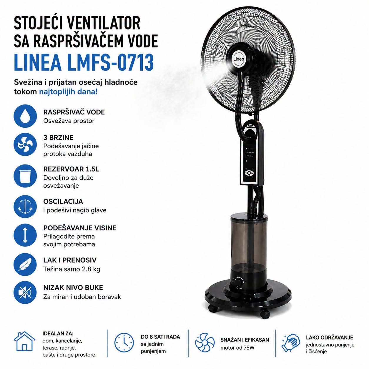 Ventilator sa raspršivačem vode LINEA 1,5l , stubni ventilator