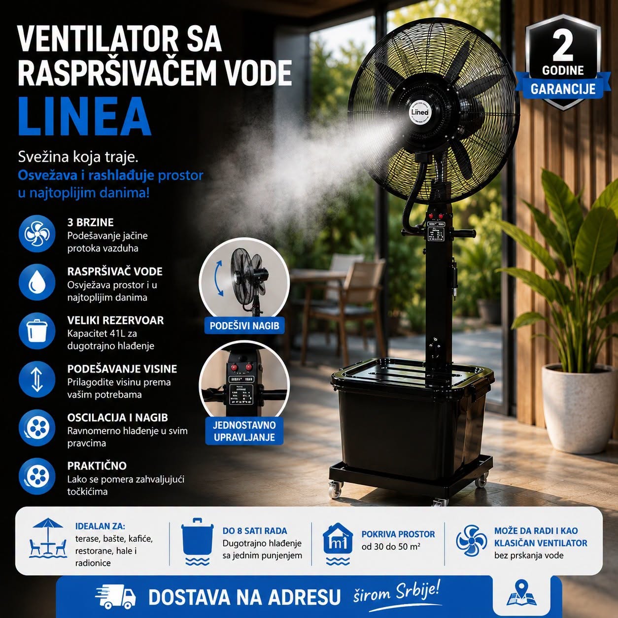 Ventilator sa raspršivačem vode LINEA 41l , stubni ventilator, ventilator za bašte