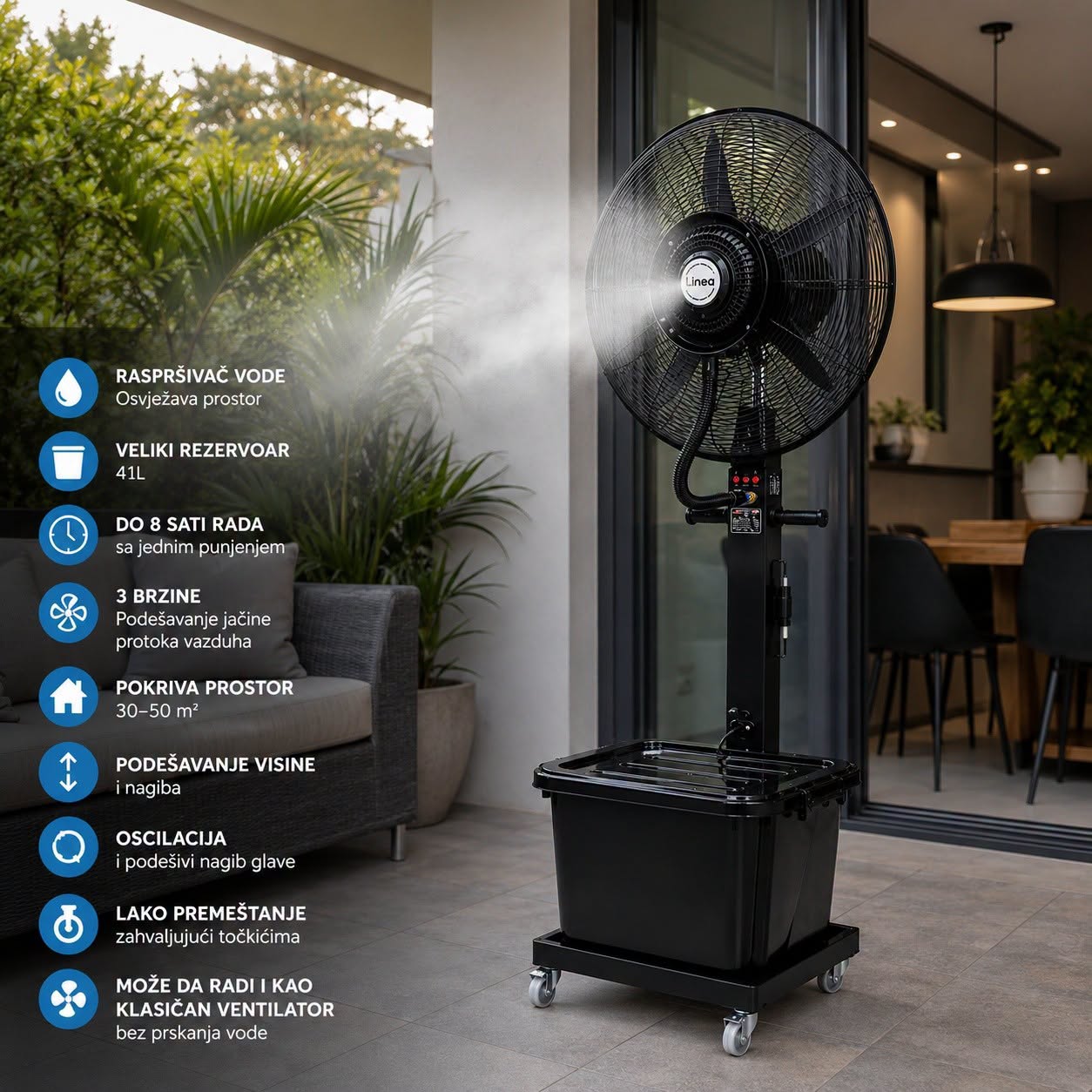 Ventilator sa raspršivačem vode LINEA 41l , stubni ventilator, ventilator za bašte
