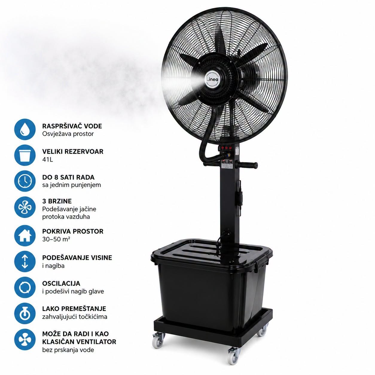 Ventilator sa raspršivačem vode LINEA 41l , stubni ventilator, ventilator za bašte