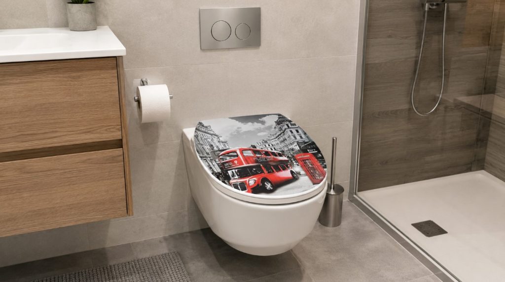 Daska za WC šolju sa motivom Londona postavljena u moderno kupatilo sa neutralnim pločicama i tuš kabinom
