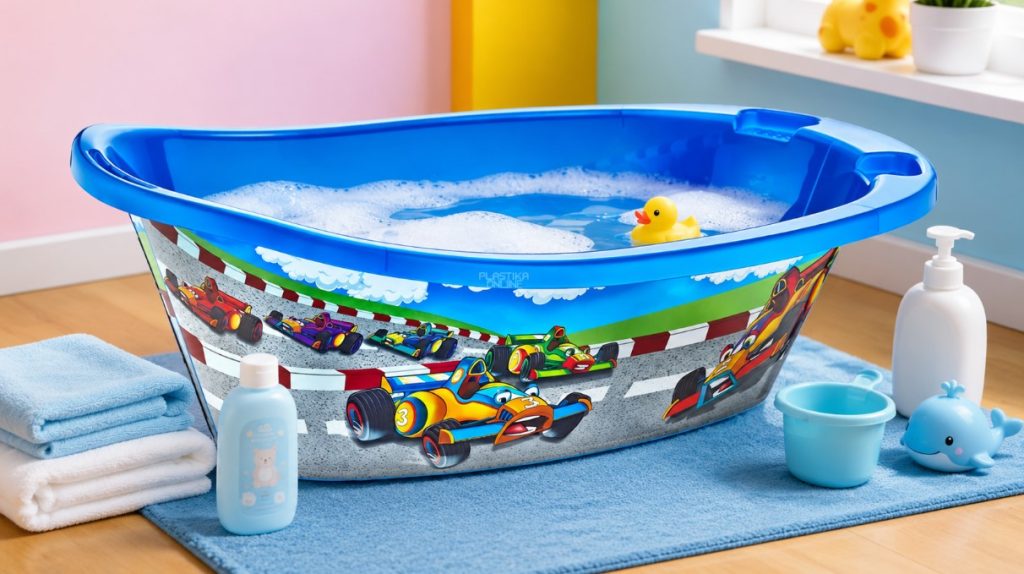 Plava kadica za bebe 82 cm sa motivom autića, pripremljena za kupanje sa vodom, peškirom i igračkama u dečjoj sobi.