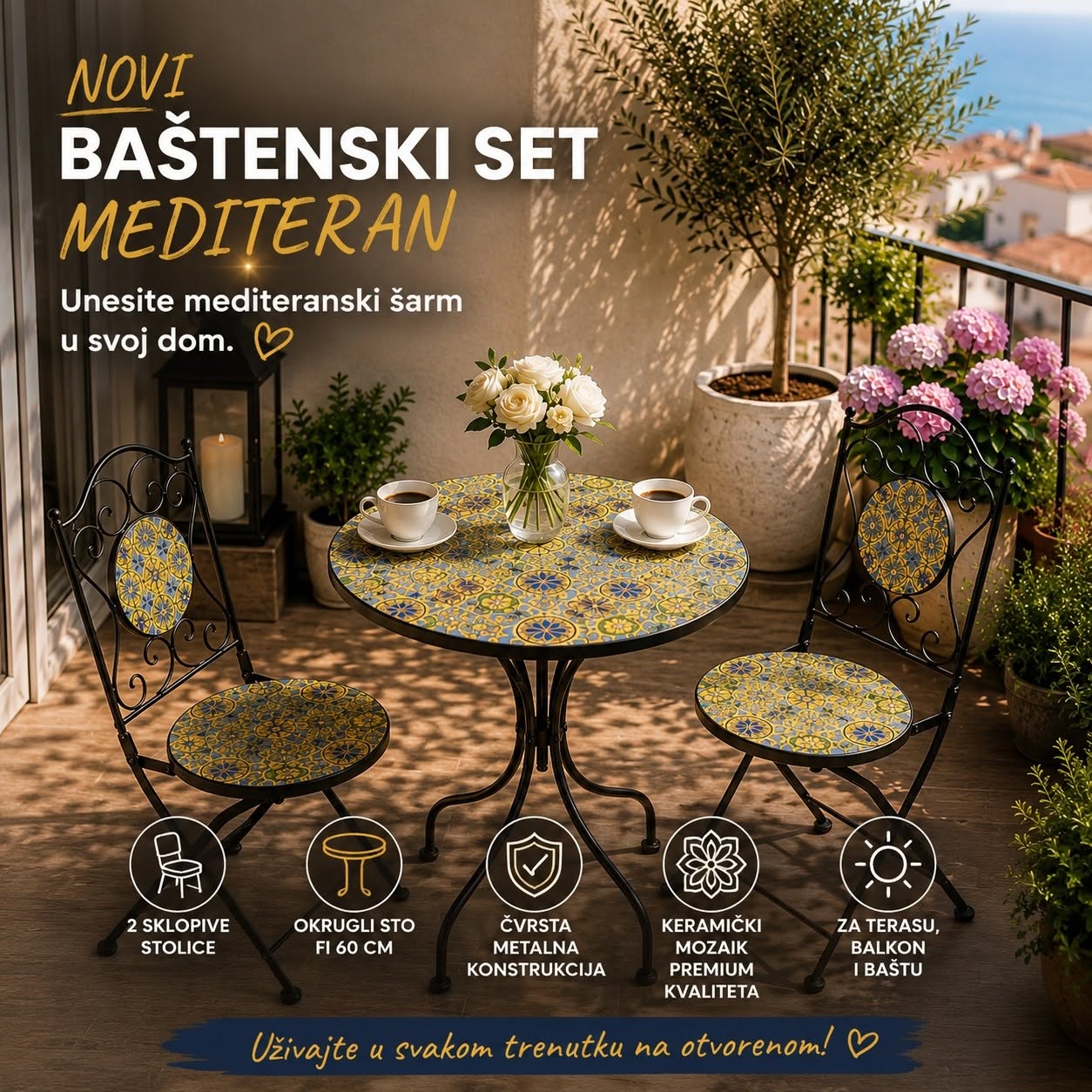 Baštenska garnitura Mediteran , metalni sto, sklopive stolice