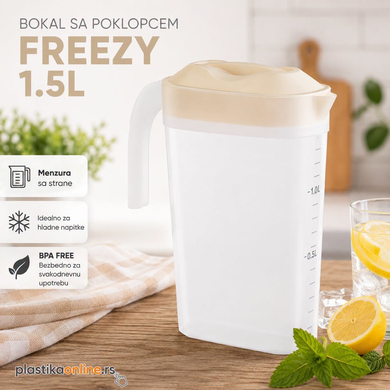 Bokal 1,5l s poklopcem Freezy, Bokal sa mericom, plasticni bokal