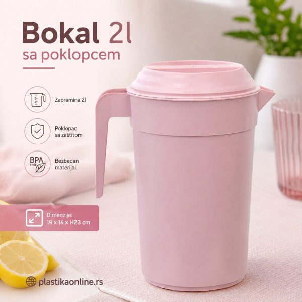 Bokal 2L sa poklopcem - 19x14xH23 cm puder roza