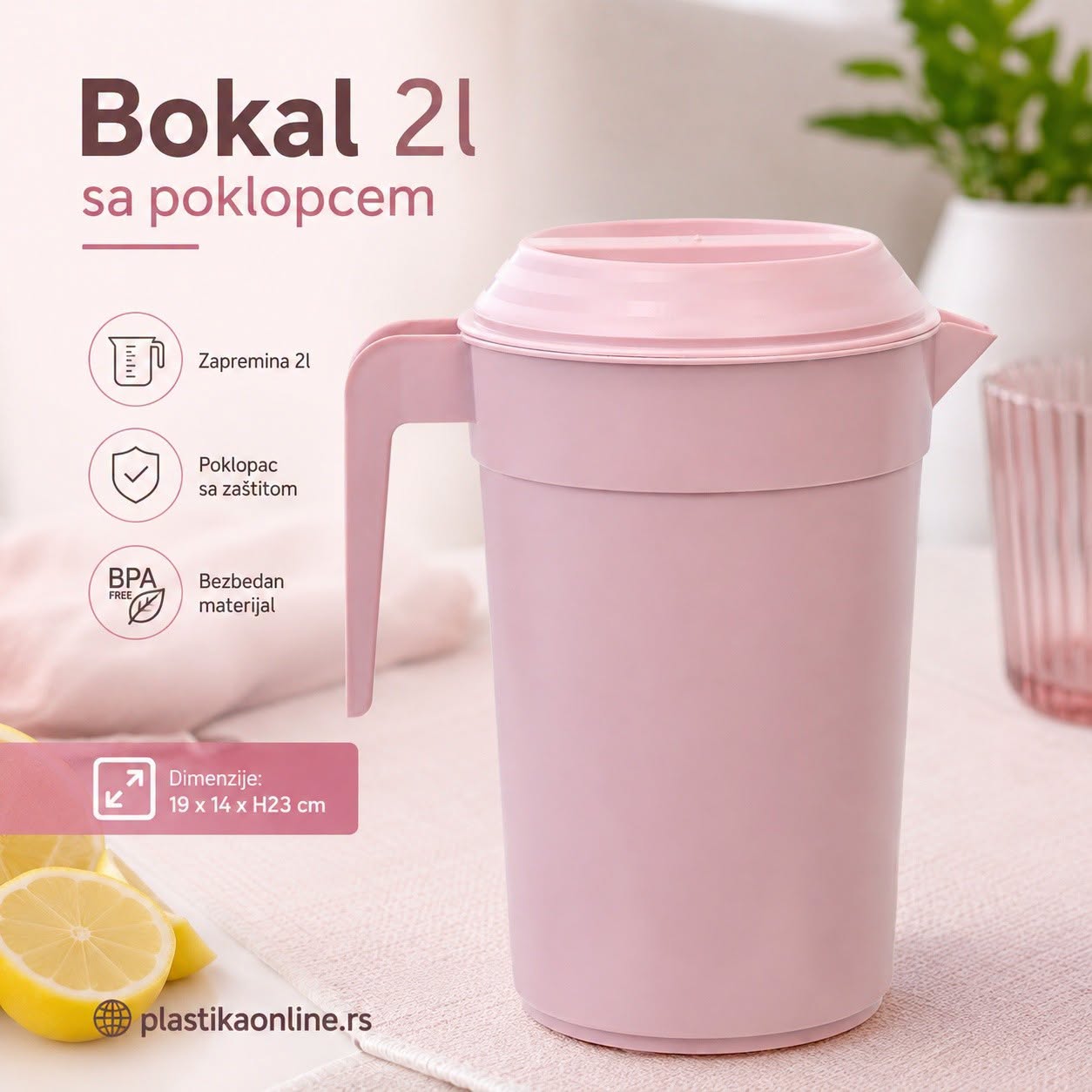 Bokal 2L sa poklopcem - 19x14xH23 cm puder roza