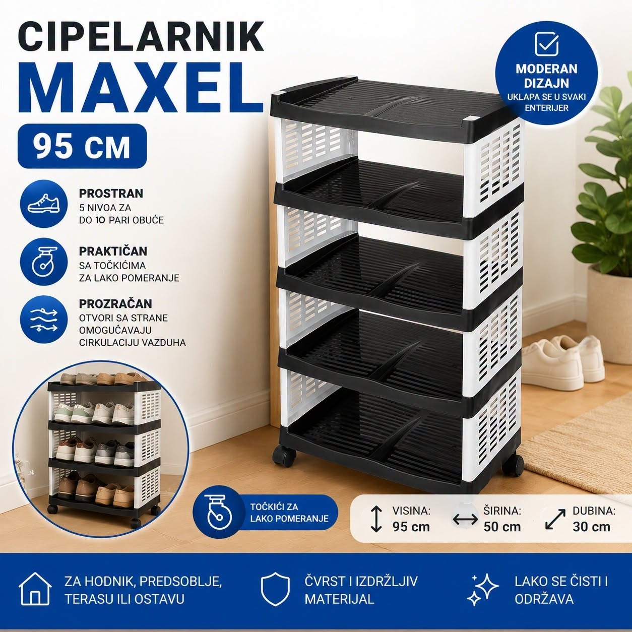 CIPELARNIK MAXEL 95 cm SA TOČKIĆIMA , cipelarnik, cipelarnik sa točkićima , polica za cipele