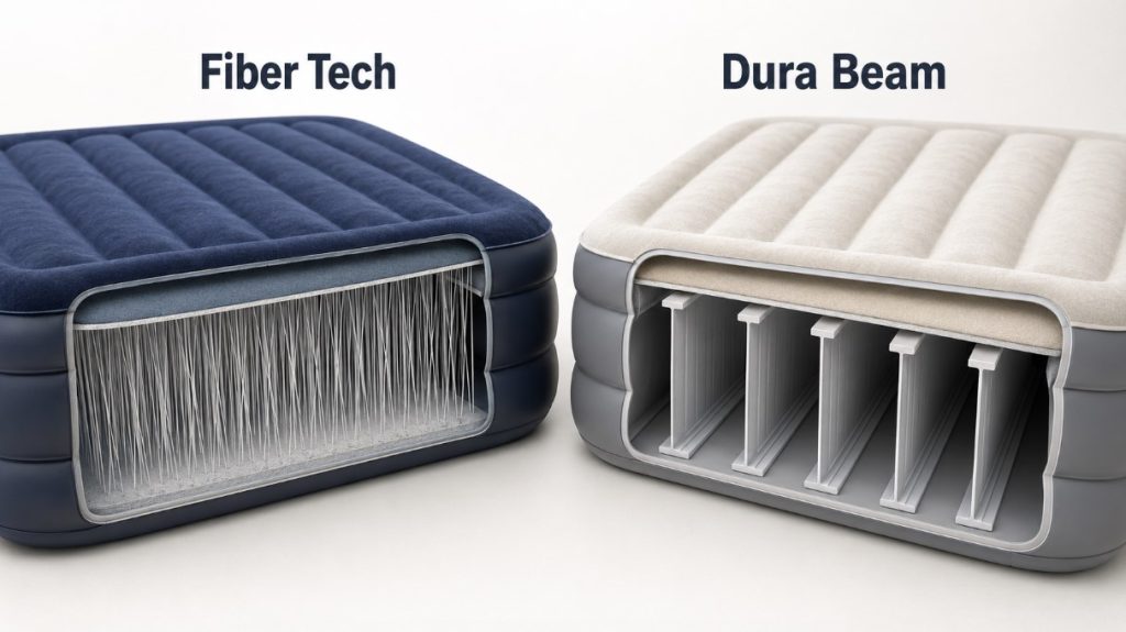 Prikaz preseka dva dušeka na naduvavanje sa Fiber Tech i Dura Beam unutrašnjom konstrukcijom, koji pokazuje poliesterska vlakna i stabilnu potporu unutar dušeka.