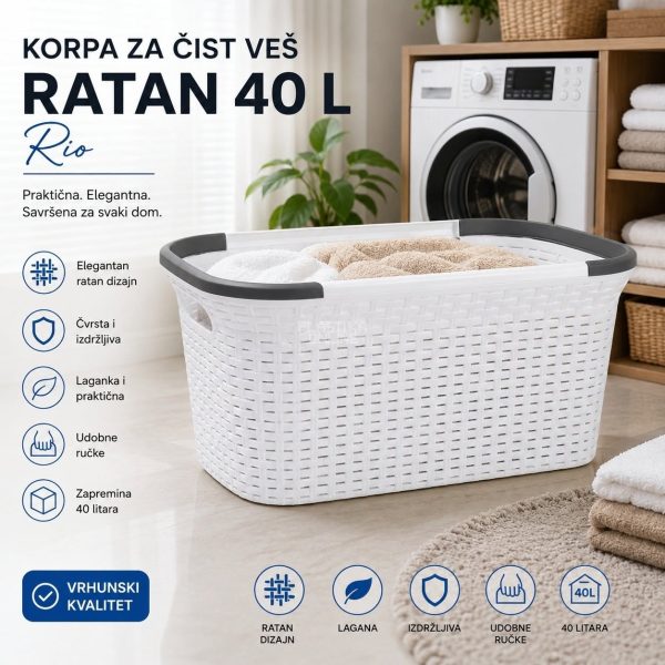 Korpa za čist veš 40L Ratan RIO bela
