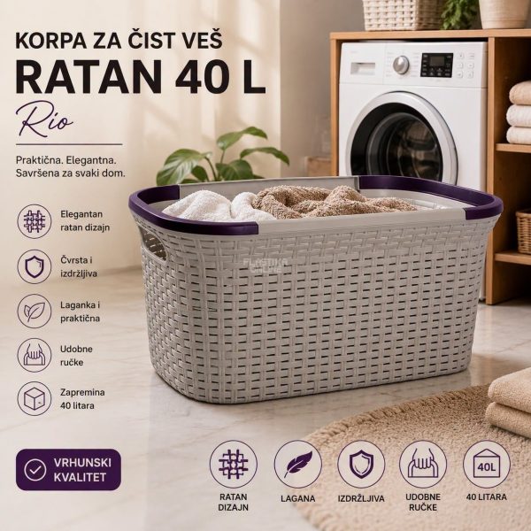 Korpa za čist veš 40L Ratan RIO krem