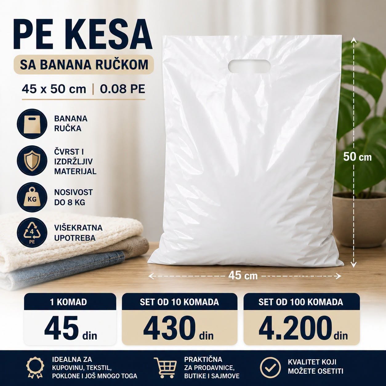 PE KESE SA BANANA RUČKOM -45 × 50 cm 80 mikrona PAKET STO KOMADA - Slika 2