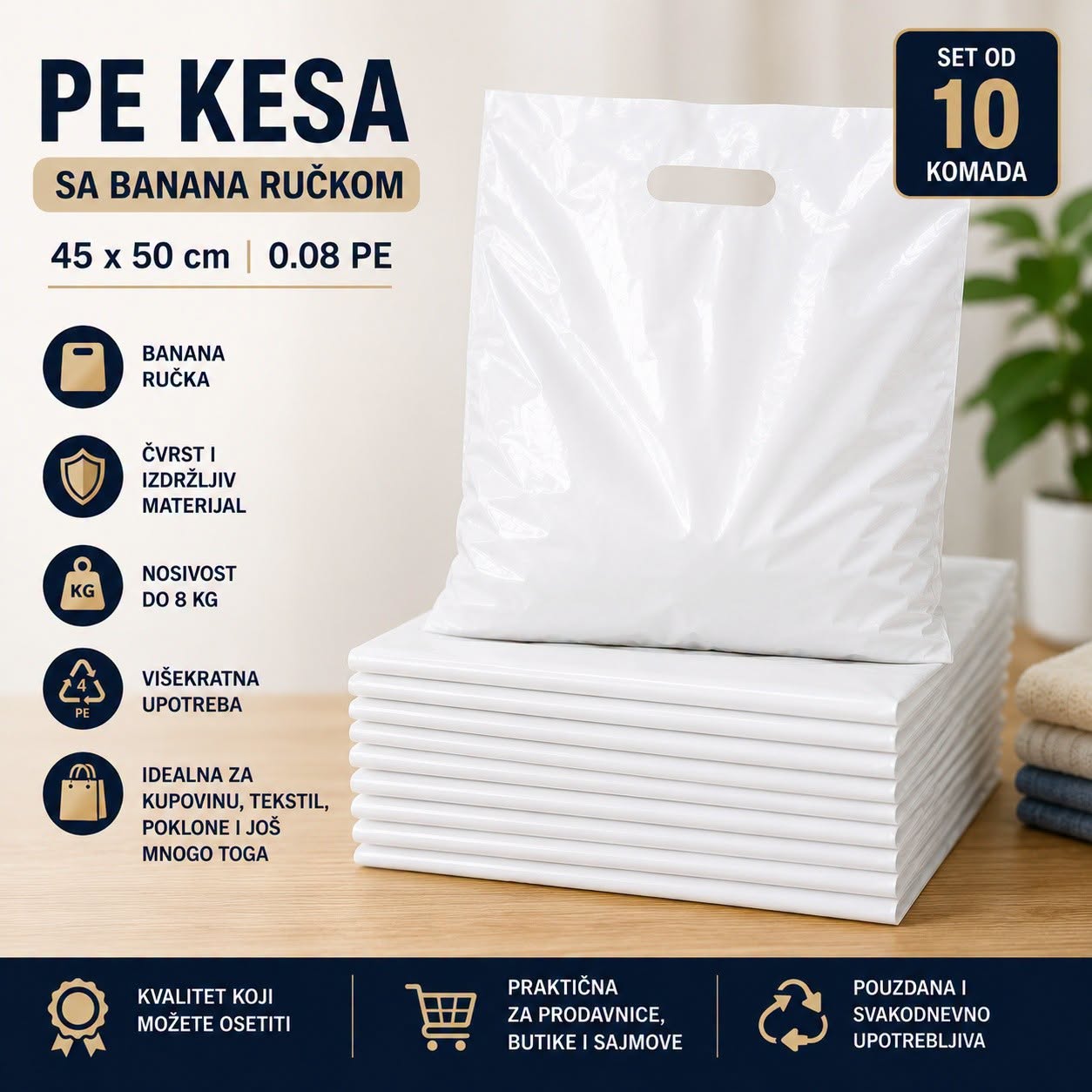 PE KESE SA BANANA RUČKOM -45 × 50 cm 80 mikrona PAKET DESET KOMADA