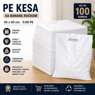 PE KESE SA BANANA RUČKOM -45 × 50 cm 80 mikrona PAKET STO KOMADA