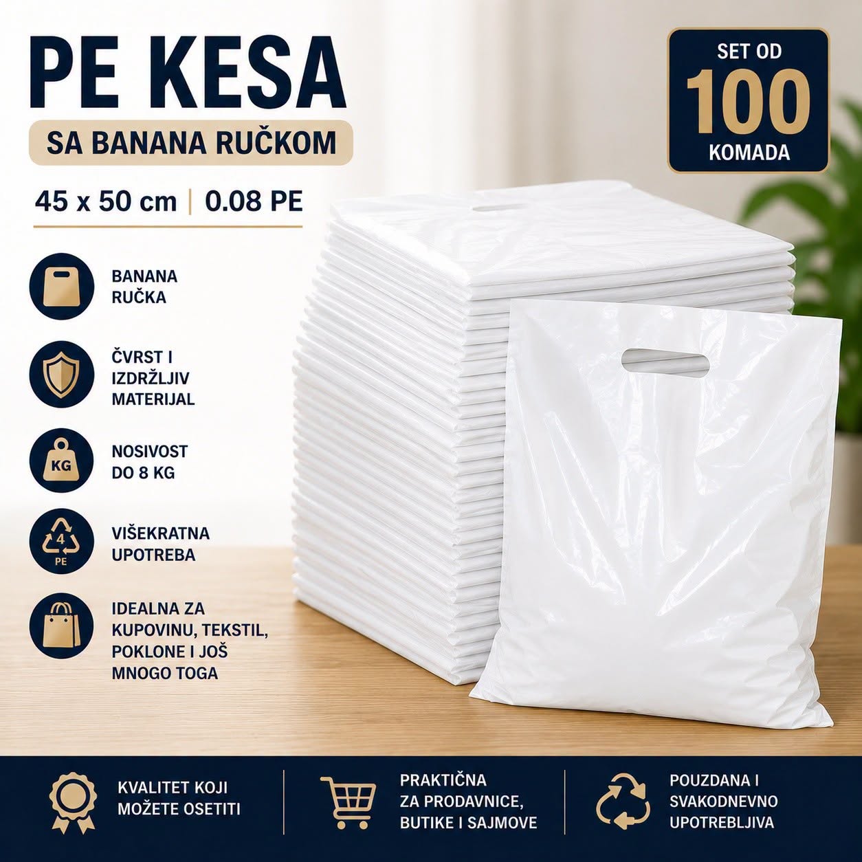 PE KESE SA BANANA RUČKOM -45 × 50 cm 80 mikrona PAKET STO KOMADA