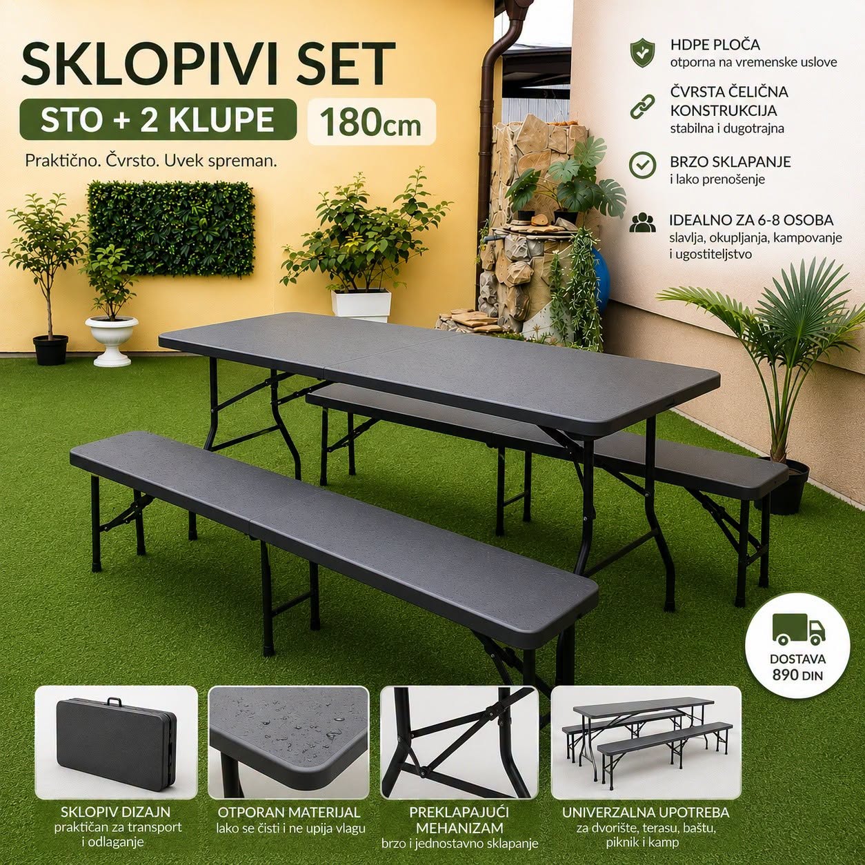Sklopivi baštenski set sto i dve klupe