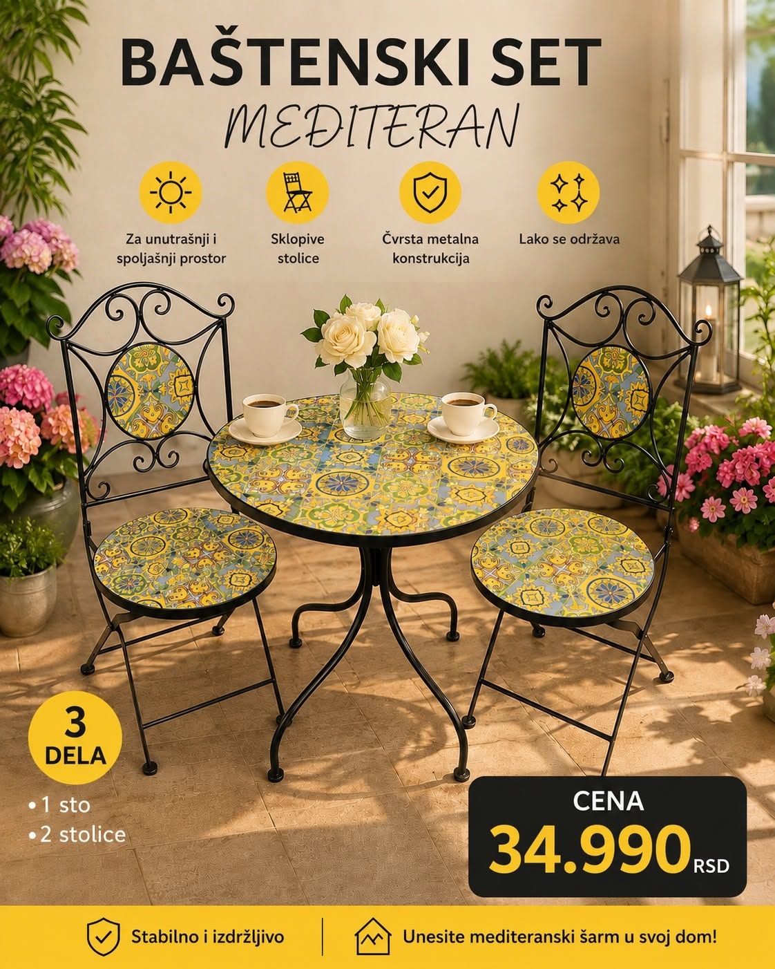 Baštenska garnitura Mediteran - sto i 2 sklopive stolice