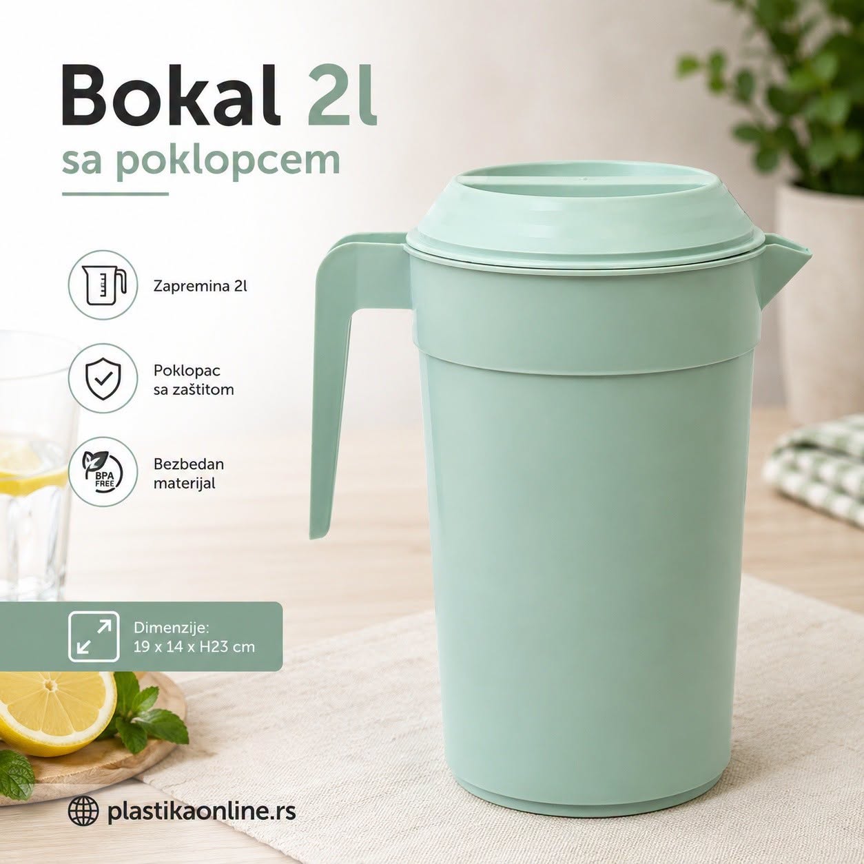Bokal 2L sa poklopcem - 19x14xH23 cm mint zelena