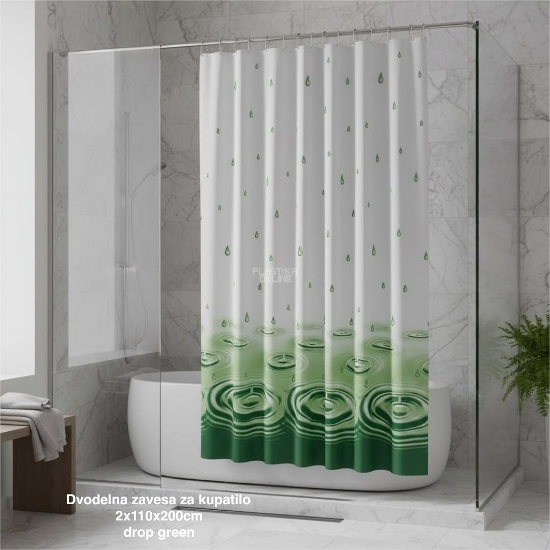 Dvodelna zavesa za kupatilo DROP Green 2 × 110 × 200 cm , tuš zavesa
