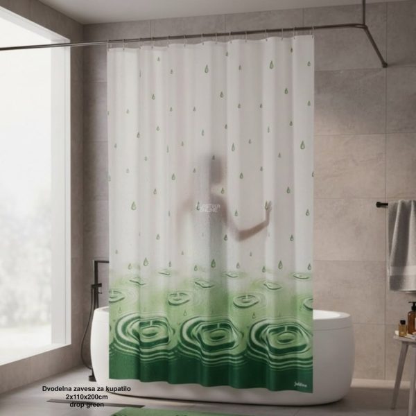 Dvodelna zavesa za kupatilo DROP Green 2 × 110 × 200 cm , tuš zavesa